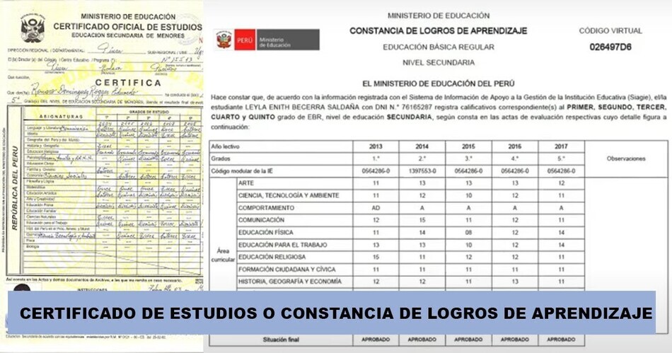 Ejemplo de certificado de estudios en Perú - formato digital y físico