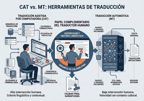 ilustración CAT vs. MT: Herramientas de traducción